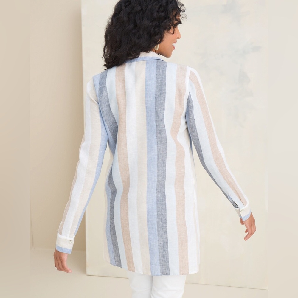 Chicos Linen Shirt Long Sleeve No-Iron Striped Tunic - Picture 13 of 15